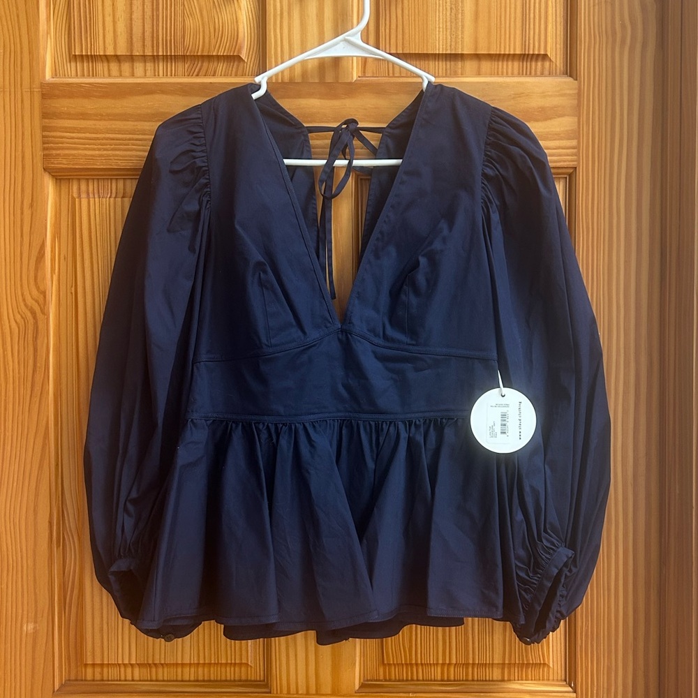 NWT STAUD Deep Blue Blouse with Puff Sleeves